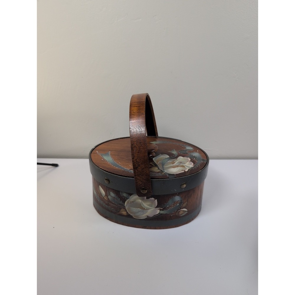 Wooden‎ Wood Handled Bucket Pale Box Floral  With Lid Vintage